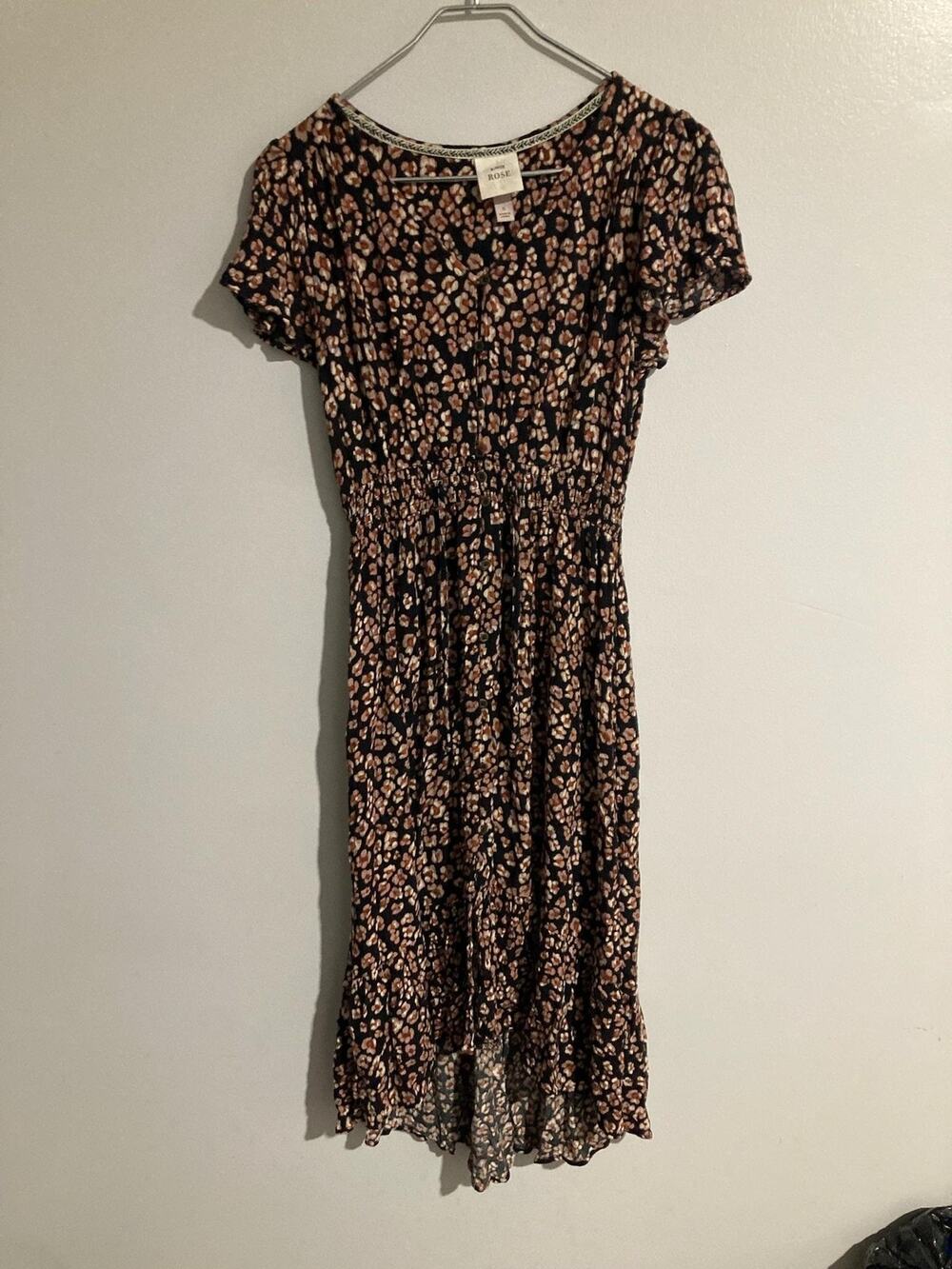 Knox Rose Dress Womens S Black Floral Smocked Button V-Neck Midi Flutter Sleeve